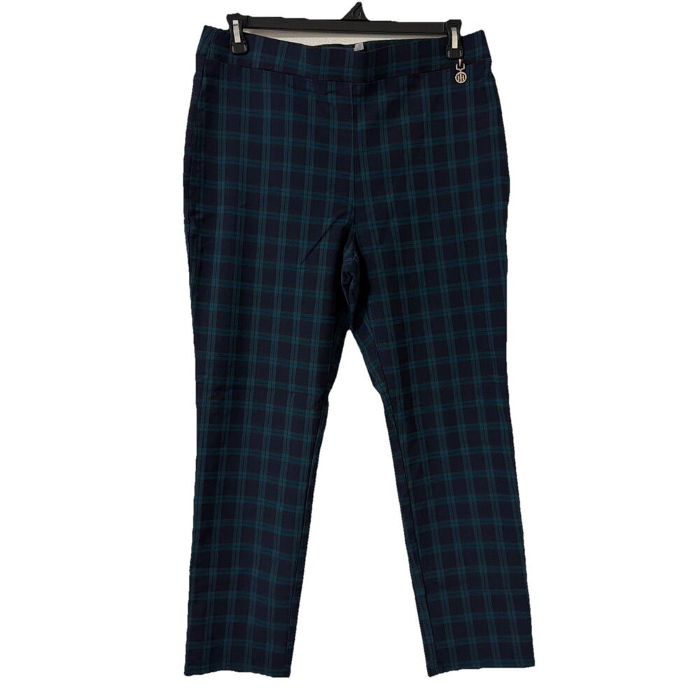 Tommy Hilfiger Ponte Pants Women's XL Blue Green Check Plaid Straight Leg